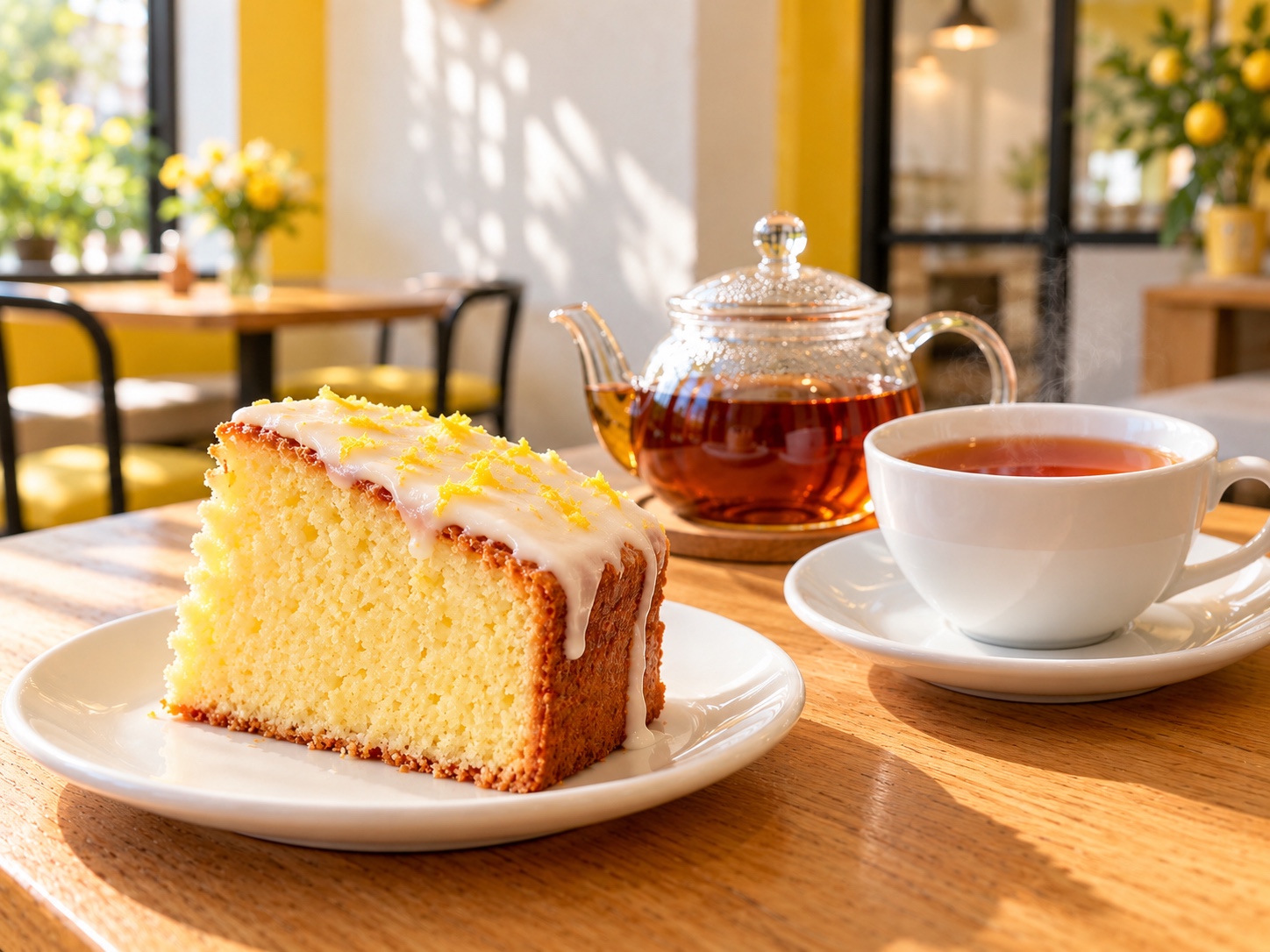 白い皿のレモンケーキと、白いカップの紅茶・ガラスのティーポット