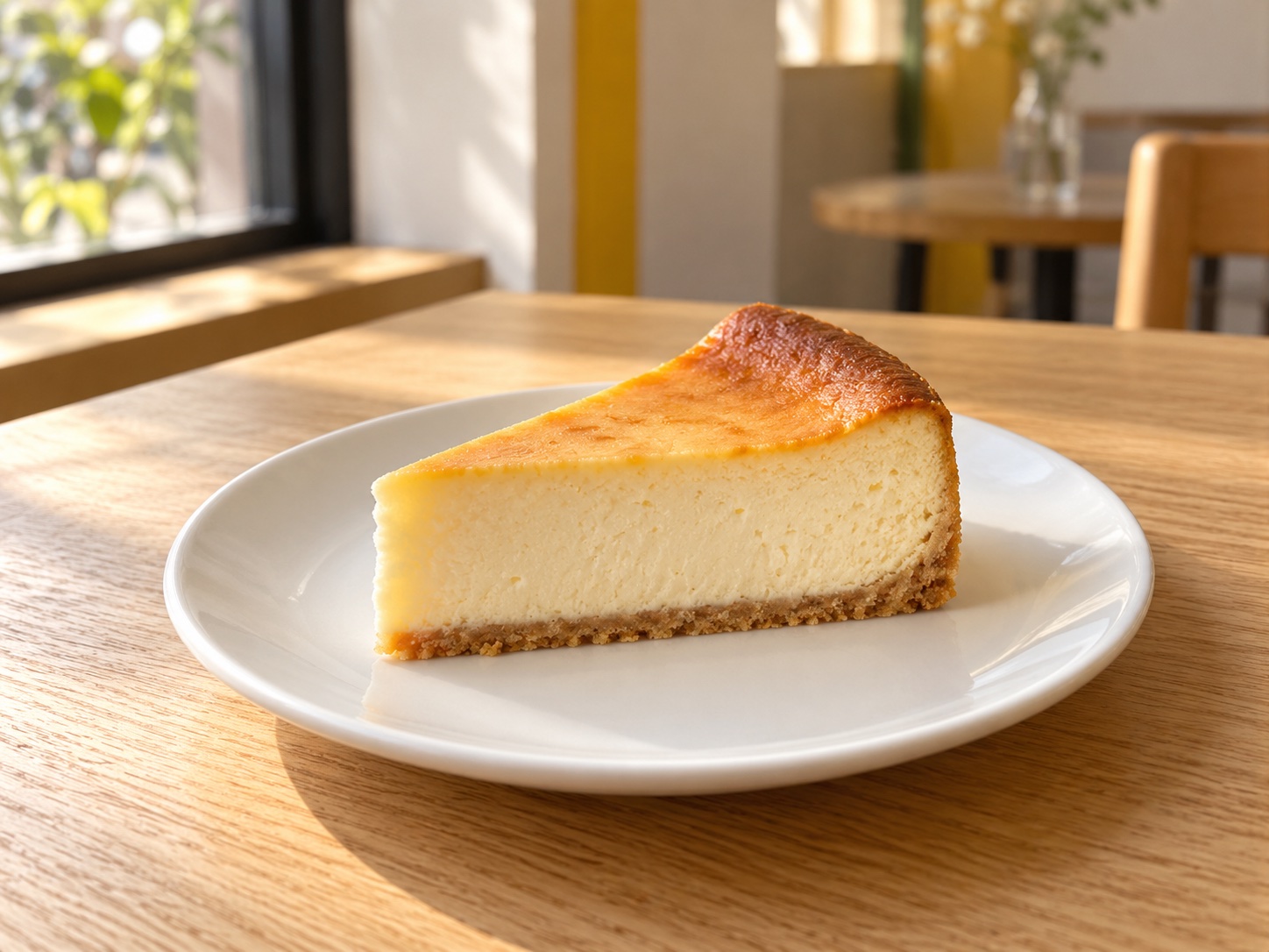 白い皿にのせたベイクドチーズケーキ