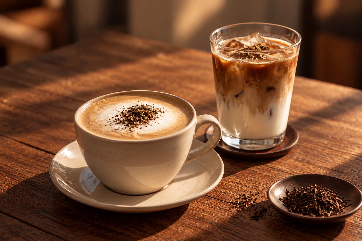 陶器のカップとグラスに入れたホット・アイスのほうじ茶ラテ